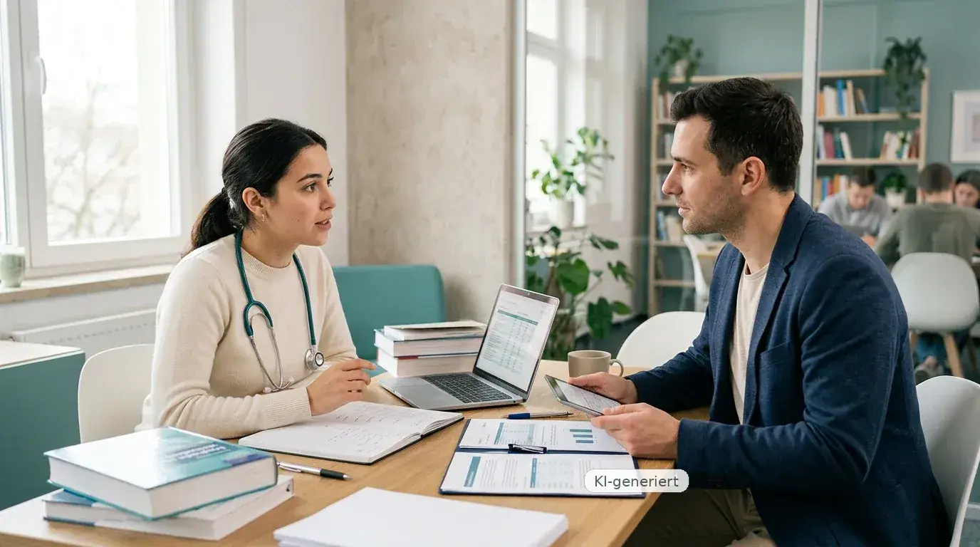 Medizinstudentin oder Medizinstudent in heller Lern- und Gesprächsszene mit zweiter Person – Hammerexamen, Versicherungen und Vertriebe beim Berufseinstieg.