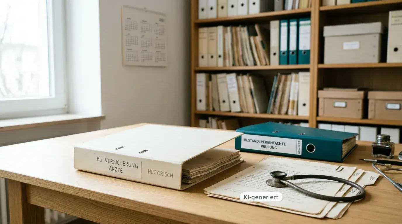 Sachliches Archiv- und Bestandsmotiv mit neutralen Unterlagen und arztspezifischem Detail – historischer Blogartikel zur Berufsunfähigkeitsversicherung für Ärzte.