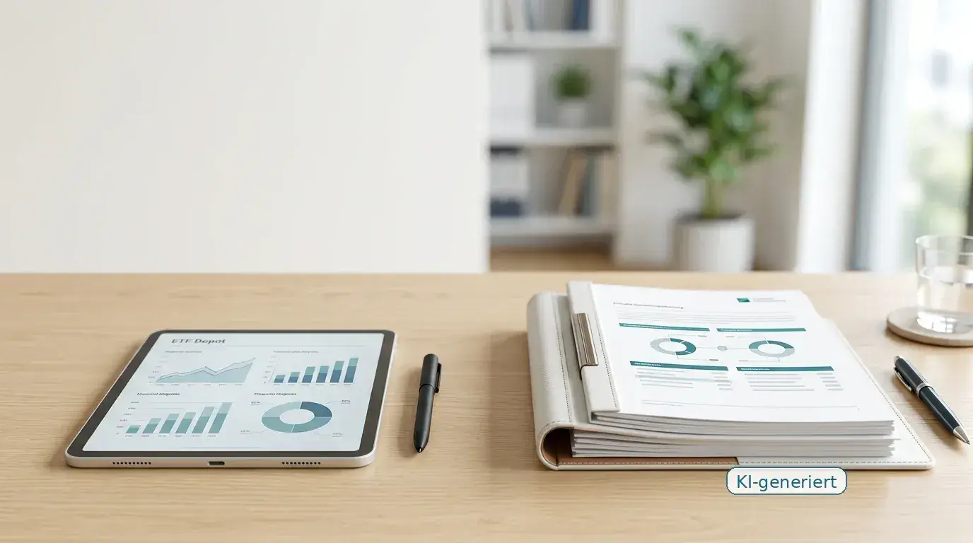 Sachliche Gegenüberstellung von ETF-Depot und Rentenversicherung auf hellem Schreibtisch mit Tablet, Finanzunterlagen und geordneten Vorsorgedokumenten.