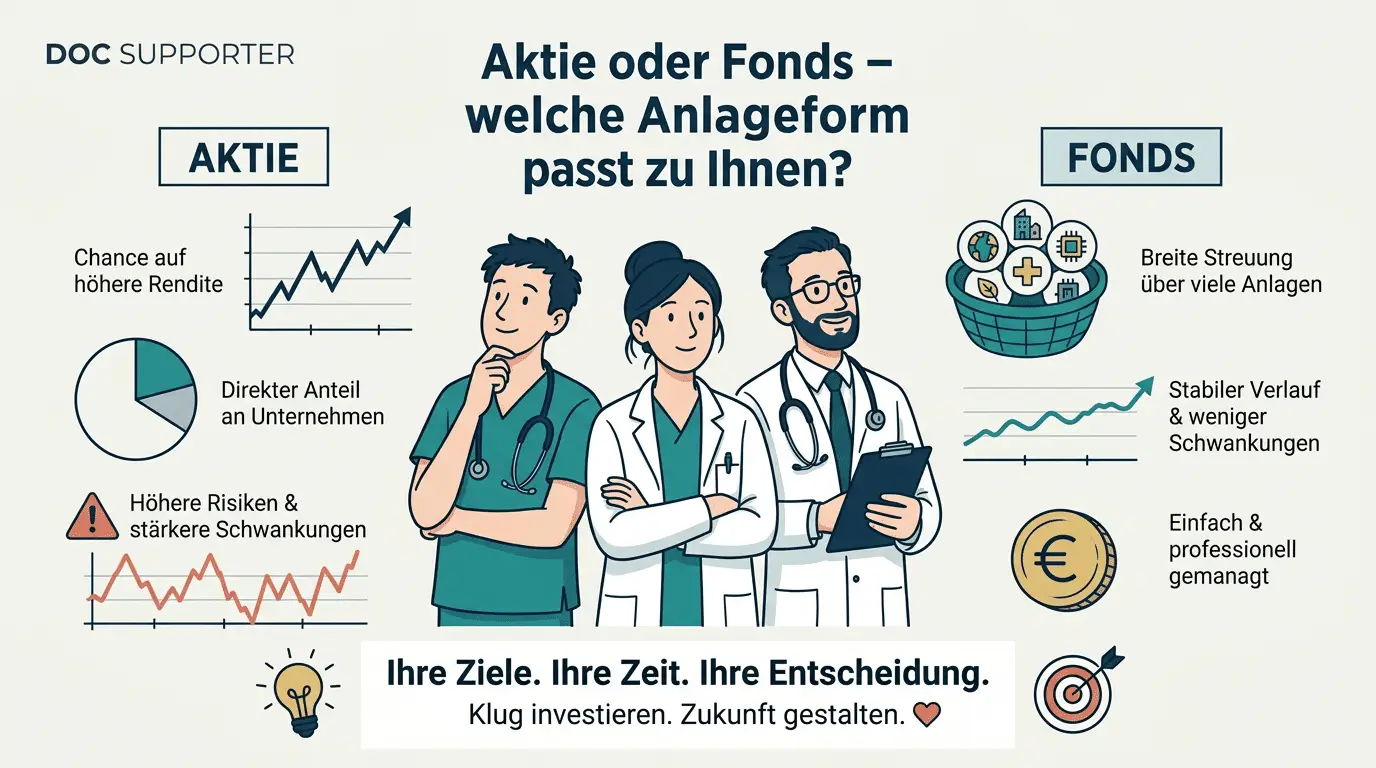 Infografik zu Aktie oder Fonds für Ärzte - Assistenzärzte, Fachärzte und niedergelassene Ärzte