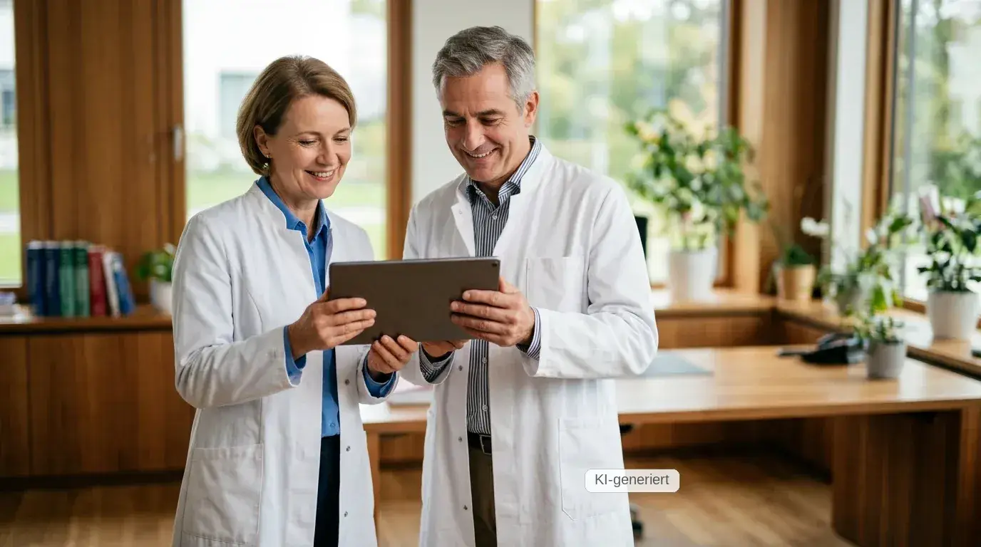 Chefarzt absichern: Chefärztin und Chefarzt stehen gemeinsam in einem Klinikbüro und sehen auf ein Tablet
