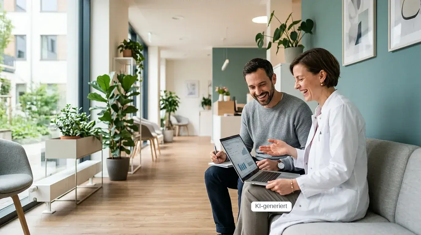 Niedergelassene Ärztin und Berater sitzen auf einem hellen Sofa in einer Praxis und besprechen gemeinsam eine Frage am Laptop