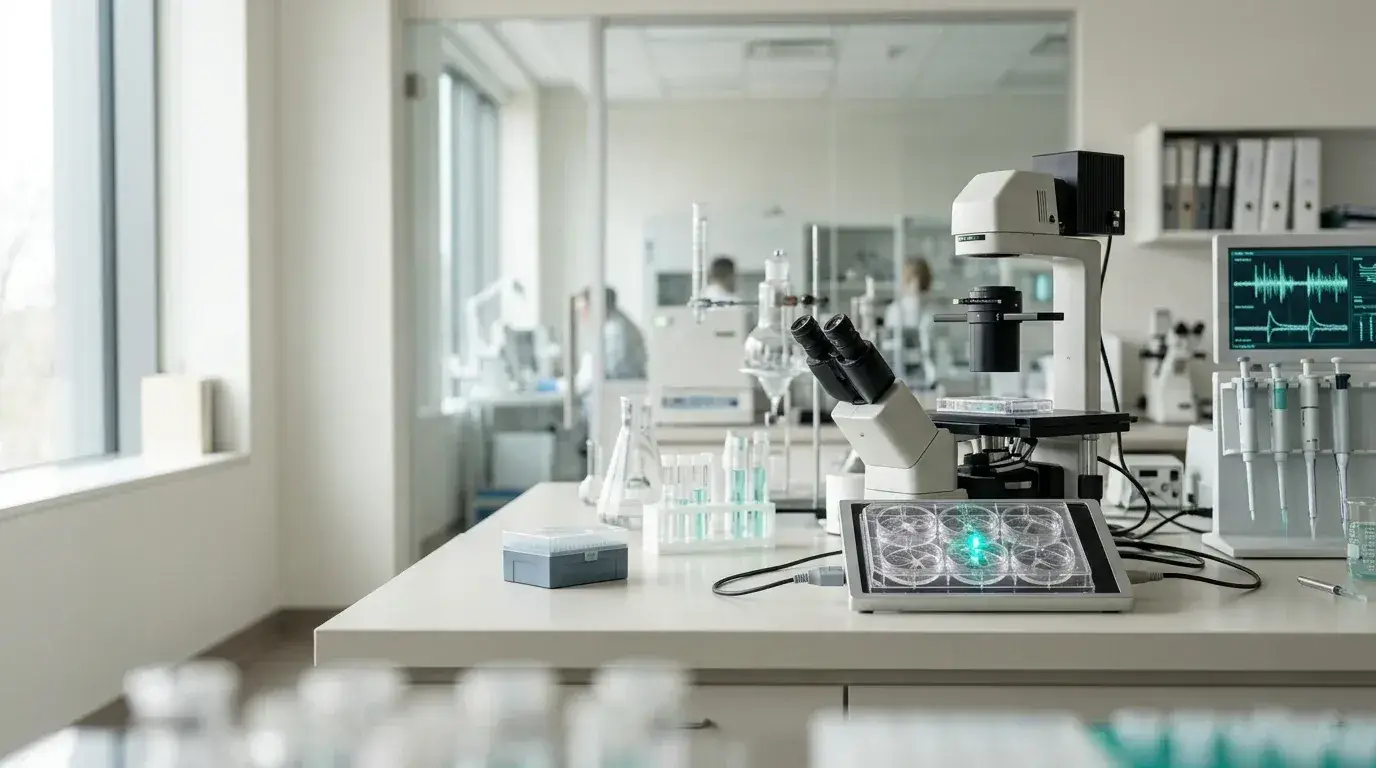 Modernes Wissenschafts- und Medizinmotiv ohne Personen mit Labor- und Forschungsanmutung – Medizin-Nobelpreis 2026 und Optogenetik.