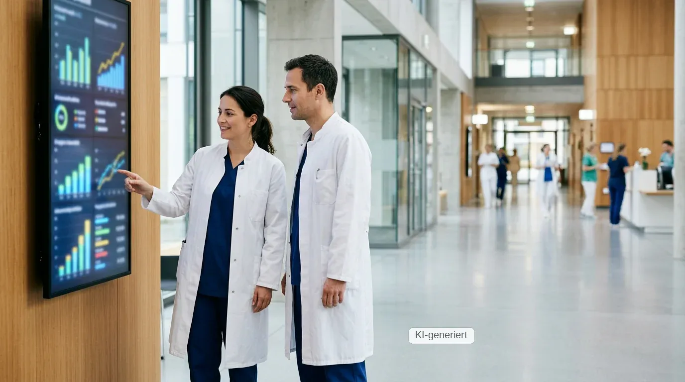 Rechengrößen 2027 der Sozialversicherung für Ärzte: Ärztin und Arzt betrachten im Uniklinikum gemeinsam digitale Diagramme auf einem Display