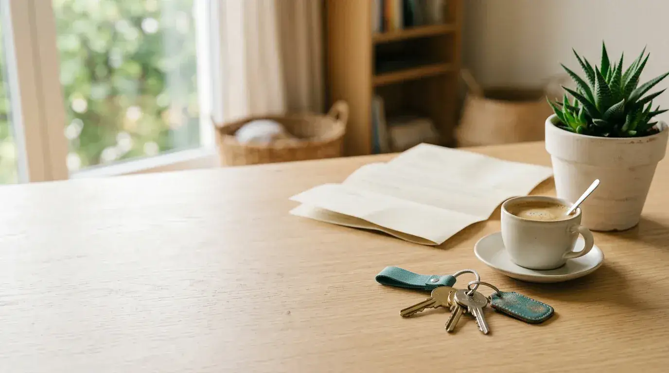 Holztisch mit aufgeschlagenem Buch, Kaffeetasse und Schlüsselbund in einer hellen Wohnung