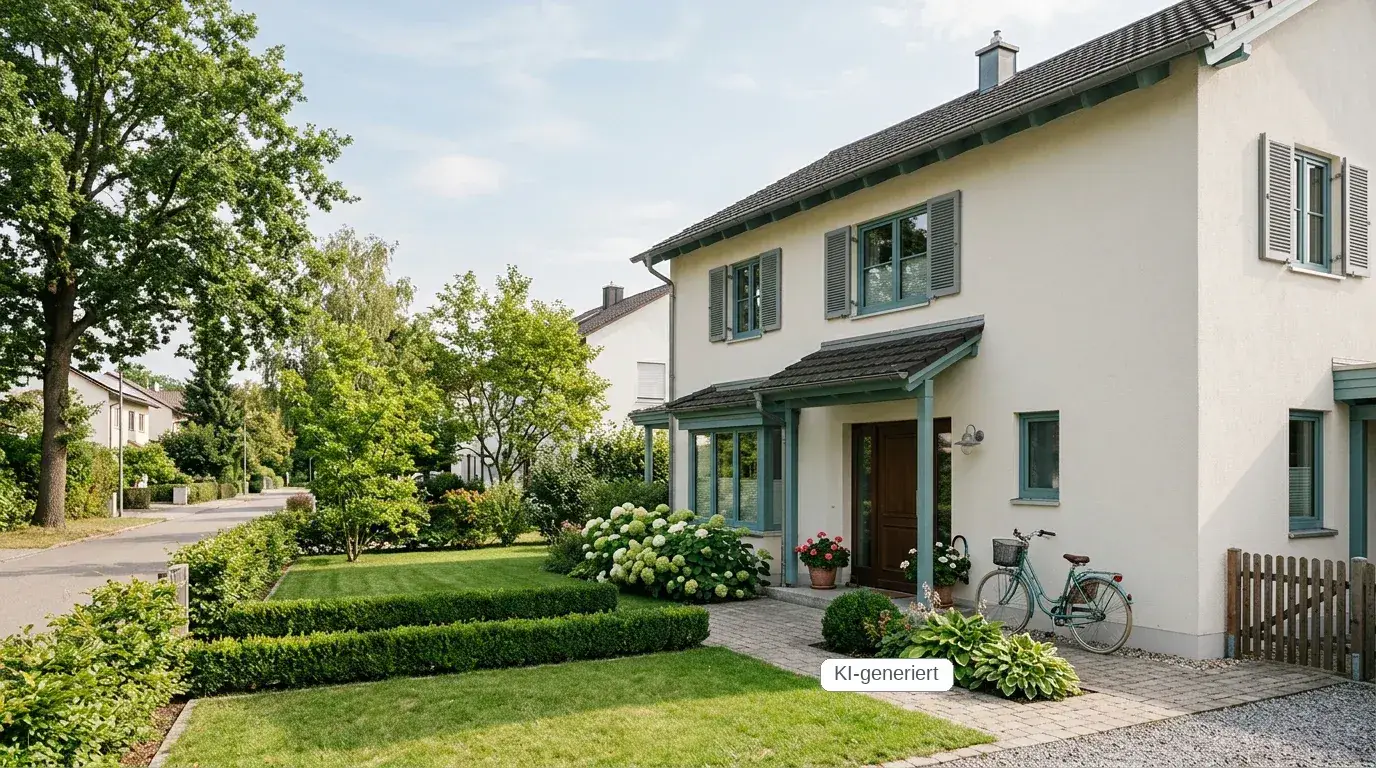 Wohngebäudeversicherung: gepflegtes modernes Einfamilienhaus mit Vorgarten an einem sonnigen Tag in einer ruhigen Wohngegend
